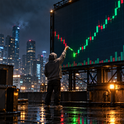 A hooded figure on a rainy rooftop at night, lifting a glowing green syringe toward a giant candlestick chart above the city.