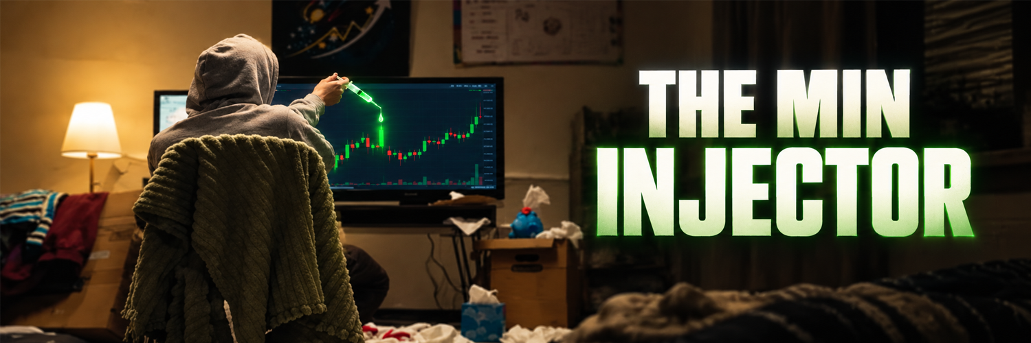 Wide view of a hooded figure at a cluttered desk, injecting a green syringe into a monitor chart, with the words The MIN INJECTOR.